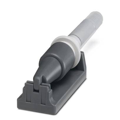 Grauer Kunststoffstecker mit zylindrischem Gehäuse und flacher Basis. Verwendung in elektronischen Geräten möglich.