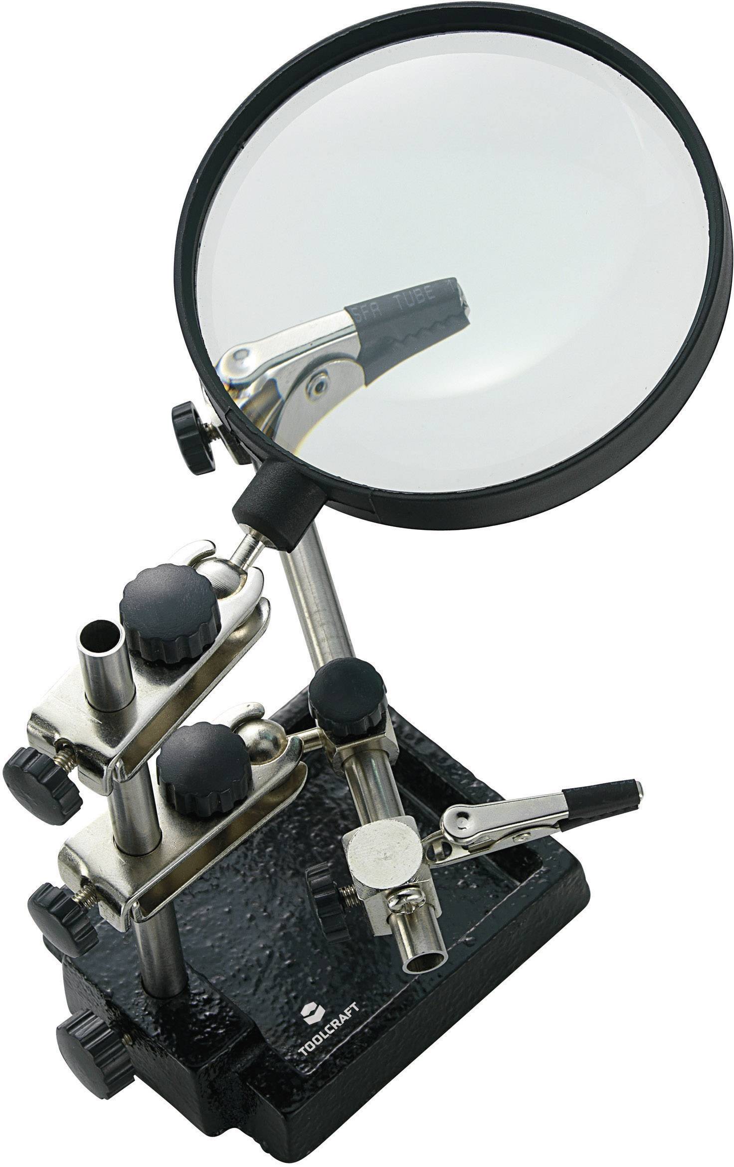 Lupenhalter mit verstellbaren Armen und Klemmen, verwendet zum Fixieren kleiner Objekte für Detailarbeiten oder Lötarbeiten.