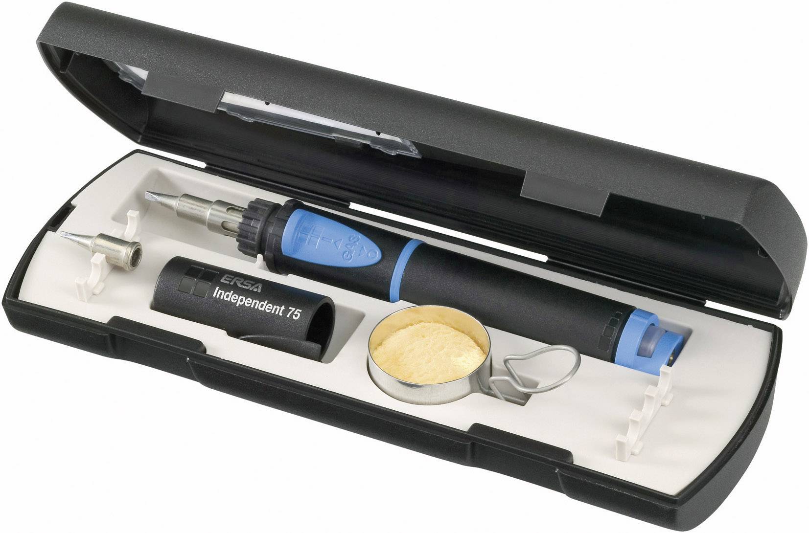 Lötkolben-Set in einem offenen Etui mit verschiedenen Spitzen und Zubehör, geeignet für handwerkliche Arbeiten und Reparaturen.