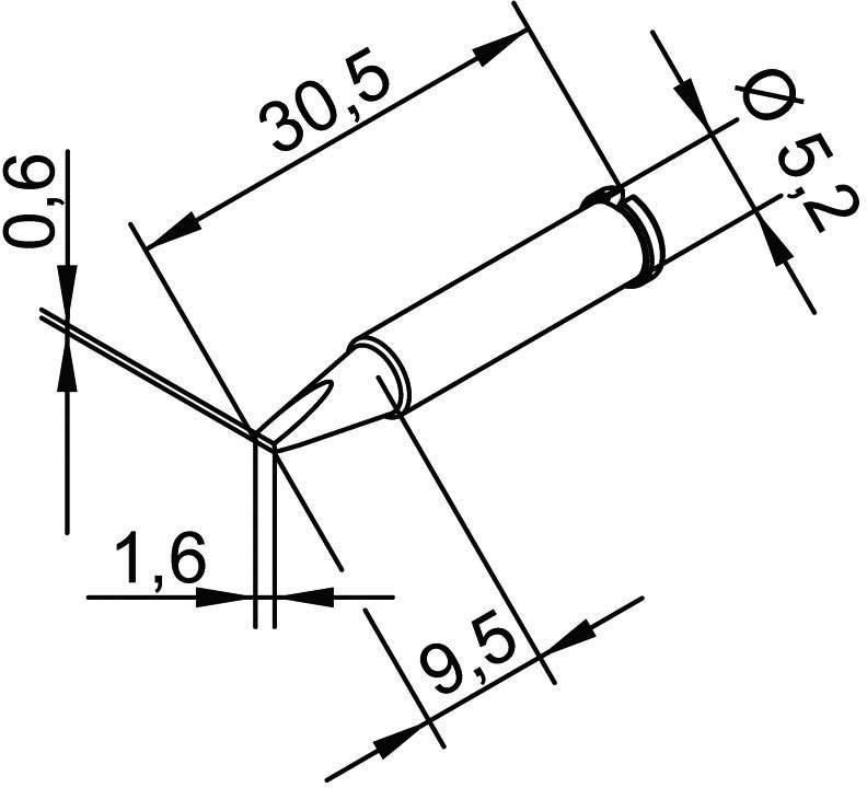 Technische Zeichnung eines Lötkolben-Spitzenaufsatzes mit Maßen: Länge 30,5 mm, Durchmesser 5,2 mm, Spitze 0,6 mm, Schaft 9,5 mm.