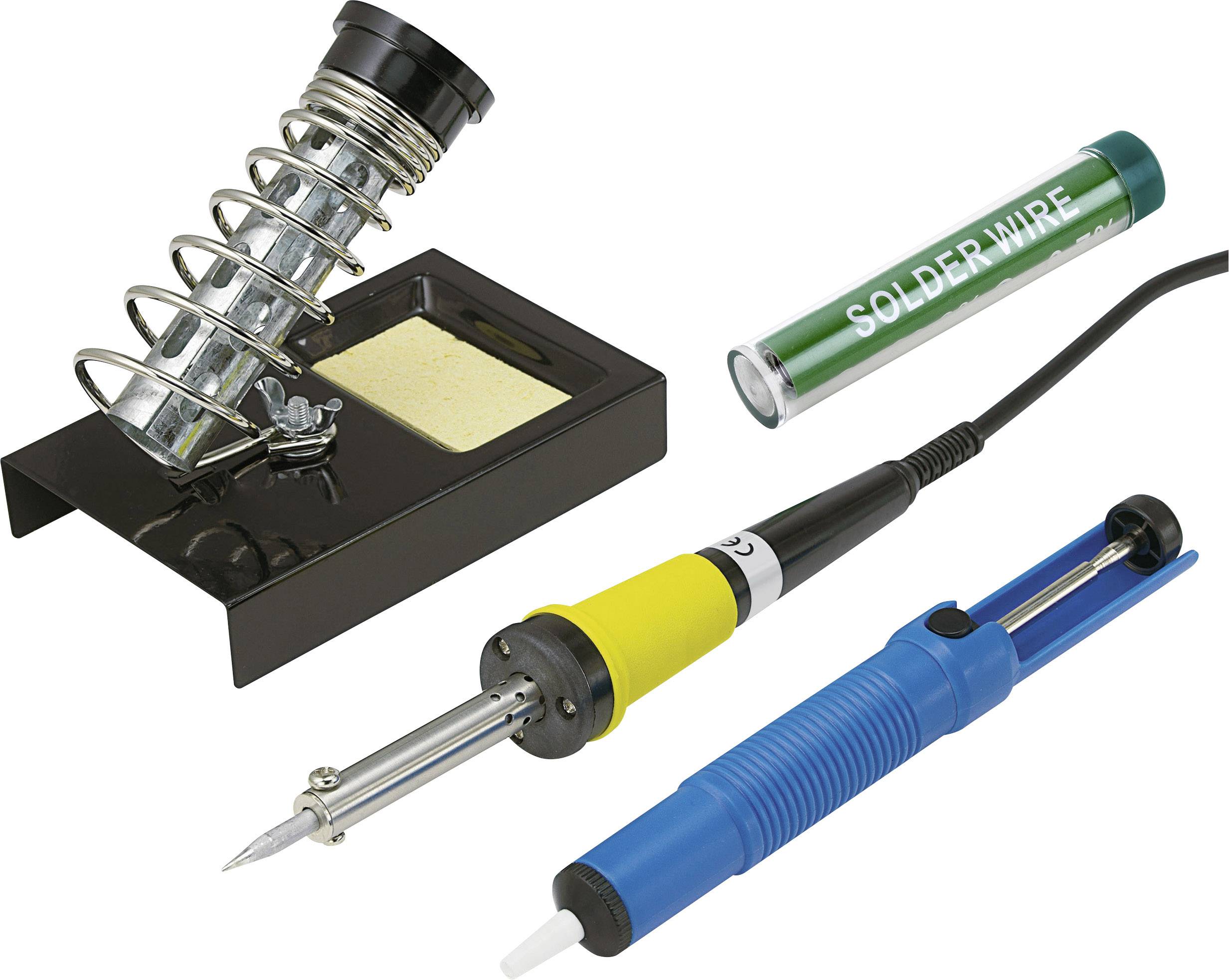 Lötkolben-Set mit Halterung, Lötdraht und Entlötpumpe auf Tisch. Werkzeuge zum Löten elektronischer Bauteile.