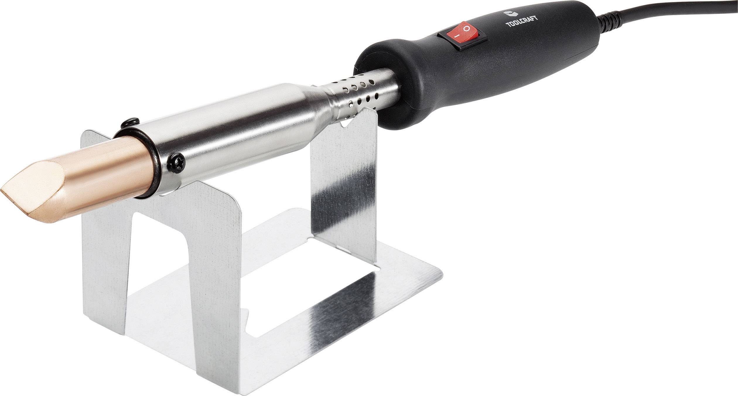 Lötkolben auf Metallständer mit schwarzem Griff und rotem Schalter, vorbereitet zum Löten elektronischer Komponenten.