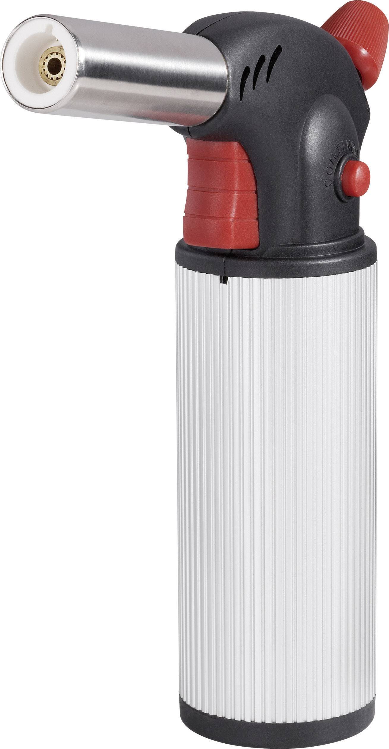Ein schwarzer und silberner Küchenbrenner mit rotem Zündknopf und ergonomischem Griff, verwendet zum Karamellisieren von Speisen.