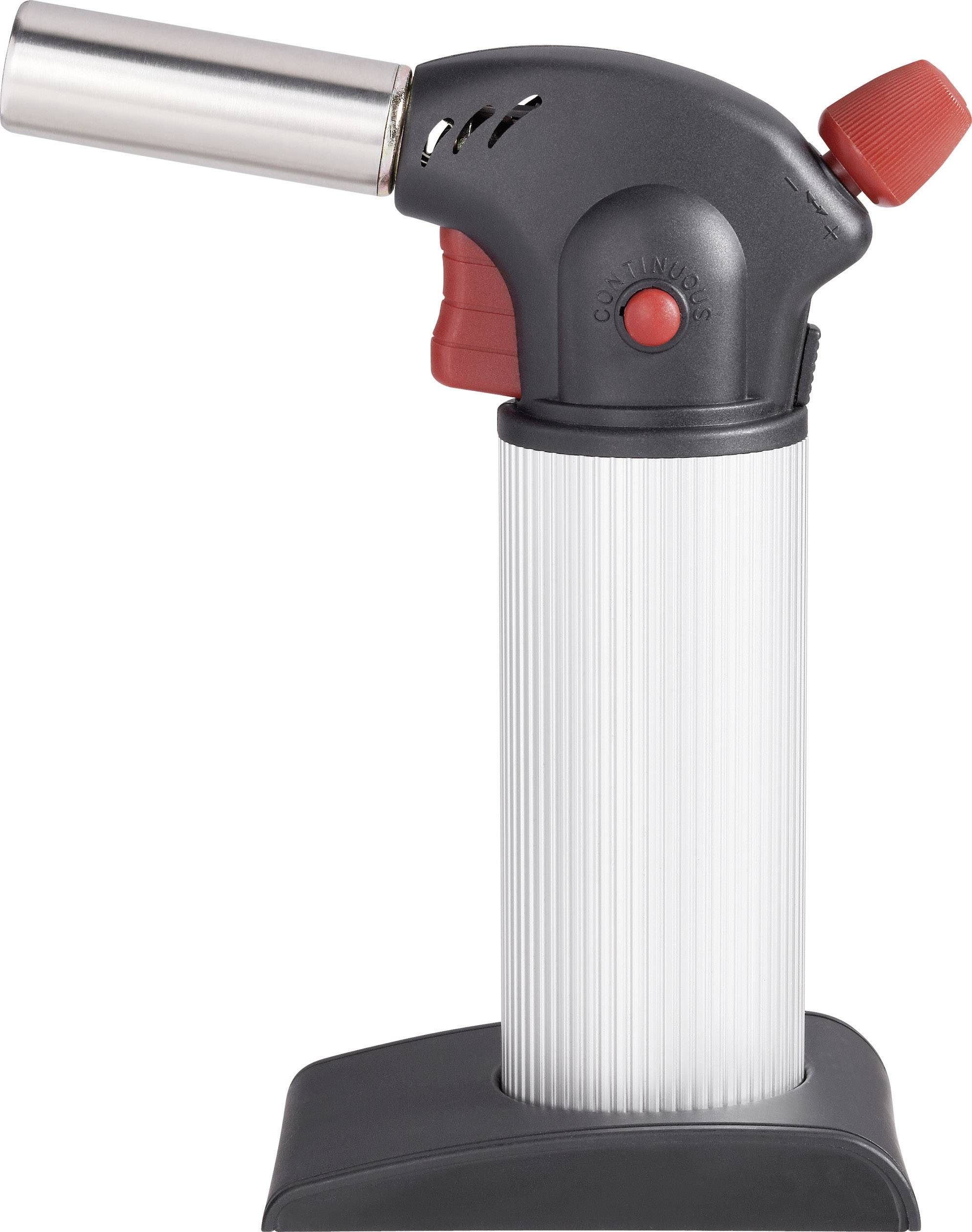 Ein silbernes und schwarzes Gasbrenner-Werkzeug mit rotem Zündknopf, hauptsächlich zum Karamellisieren von Speisen genutzt.