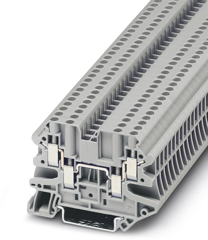 Eine graue Reihenklemme mit mehreren Anschlüssen und einem markanten Verbindungsmechanismus.