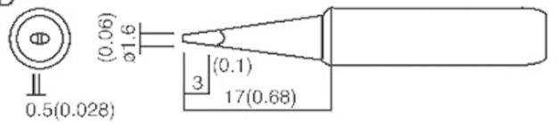 Technische Zeichnung einer Lötspitze mit Maßen: Durchmesser 1,5 mm, Länge 17 mm, Spitze 0,1 mm. Zeigt Querschnitt und Seitansicht.