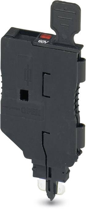 Schwarzer elektrischer Sicherungsautomat mit 60V-Anzeige und Kippschalter oben. Verwendet für Stromkreisschutz in elektrischen Systemen.
