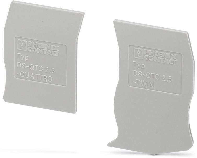 Zwei graue Endkappen für Reihenklemmen von Phoenix Contact mit Aufdruck 'Typ DS-QTC 2,5 -QUATTRO' und 'Typ DS-QTC 2,5 -TWIN'.