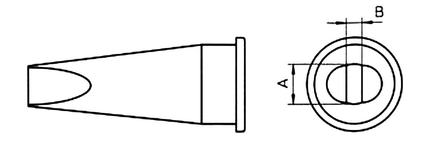 Diagramm eines zylindrischen Werkzeugs mit seitlichem Einschnitt. Zeigt Seitenansicht und Draufsicht mit markierten Abmessungen A und B.