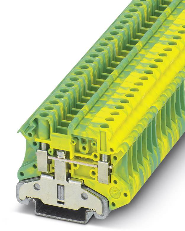 Gelb-grüner Erdungsmodulblock mit metallischen Kontakten und Befestigungselementen, geeignet für industrielle Anwendungen.