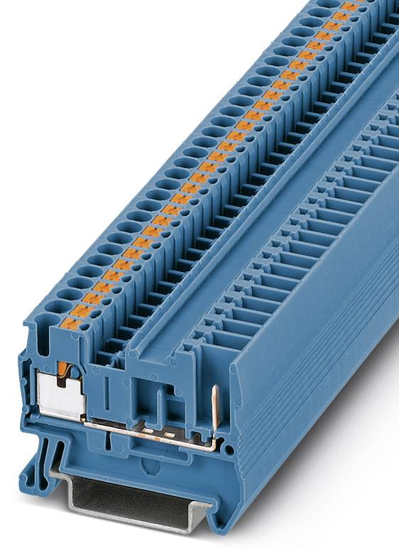 Ein blauer elektrischer Reihenklemmenblock mit orangenen Kontaktelementen, montiert auf einer Standardschienenhalterung.