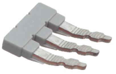 Dreifacher Stiftungsverbinder mit flachen, gewellten Kontakten und grauem Kunststoffgehäuse, geeignet für elektrische Verbindungen.