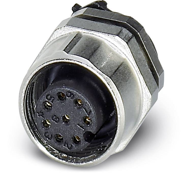 Ein schwarzer elektrischer Steckverbinder mit mehreren runden Metallstiften, umgeben von einem silbernen Metallgehäuse.