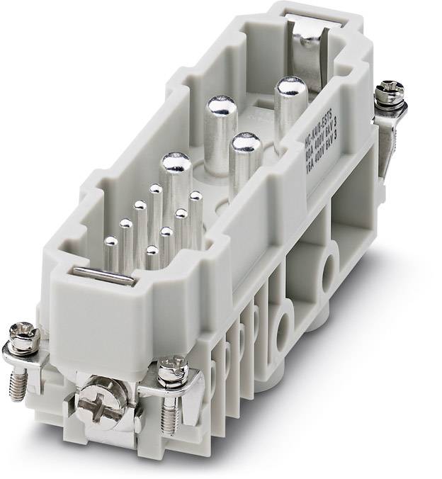 Grauer elektrischer Stecker mit mehreren Metallstiften, zwei Schrauben und klaren Anschlussdetails.