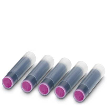Fünf aufgereihte Lippenstifte, Kappen nach unten, mit violetter Farbe.