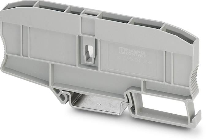 Graues Kunststoff-Gehäuse mit Metallklammer, vermutlich als DIN-Schienenhalterung für elektrische Komponenten ausgelegt.