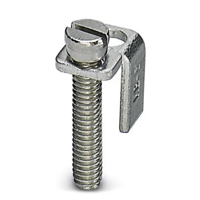 Metallschraube mit gebogenem Haltewinkel, silbern glänzend.