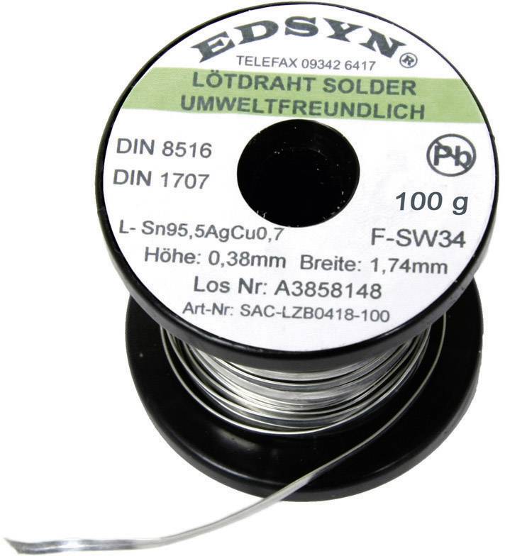 Rolle mit lötfreundlichem Lötzinn, beschriftet mit 'EDSY, umweltfreundlich'. Maße: 0,38mm x 1,74mm. Gewicht: 100g.