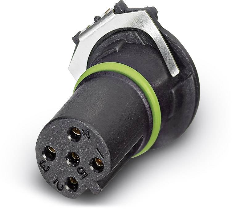 Nahaufnahme eines sechspoligen elektrischen Steckers mit schwarzem Gehäuse und grünem Dichtungsring.