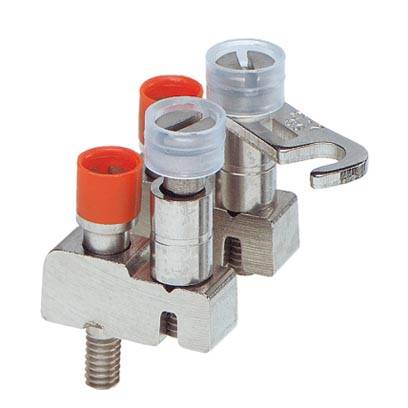 Zwei metallische mechanische Komponenten mit zylindrischen Teilen, roten und durchsichtigen Kunststoffabdeckungen, verbunden durch eine Schraube.