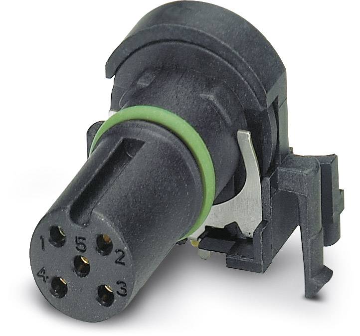 Ein schwarzer, runder Stecker mit sechs nummerierten Kontaktpunkten, verwendet für elektrische Verbindungen in technischen Geräten.
