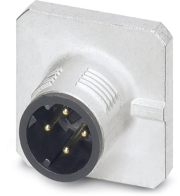 Stecker mit vier runden Kontaktstiften in einem quadratischen, silbernen Metallgehäuse.