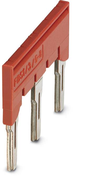 Ein rotes Steckerbrückenteil mit drei Metallkontakten.