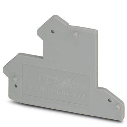 Graues Plastik-Endhalter für elektrische Installationen. Rechteckige Form mit abgerundeten Ecken. Markierung: 'Phoenix Contact'.