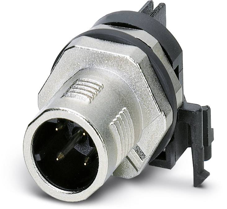 Ein runder Metall-Stecker mit drei Stiften, montiert an einem schwarzen Kunststoffgehäuse. Geeignet für industrielle Anwendungen.