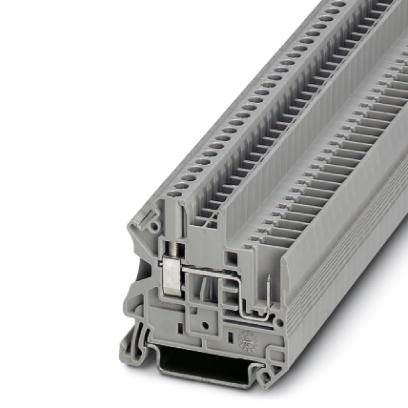 Ein grauer Reihenklemmblock mit mehreren Anschlussstellen für elektrische Leitungen, typischerweise in Schaltschrankanwendungen verwendet.