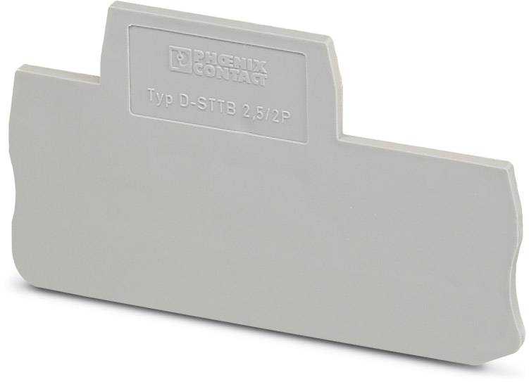Grau-beige Trennwand mit Aufdruck 'PHOENIX CONTACT Typ D-STTB 2.5/2P', verwendet für elektrische Anschlüsse in Industrieanlagen.