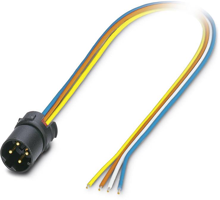 Ein Kabelstecker mit sechs unterschiedlich farbigen Drähten: schwarz, gelb, rot, blau, weiß und orange.