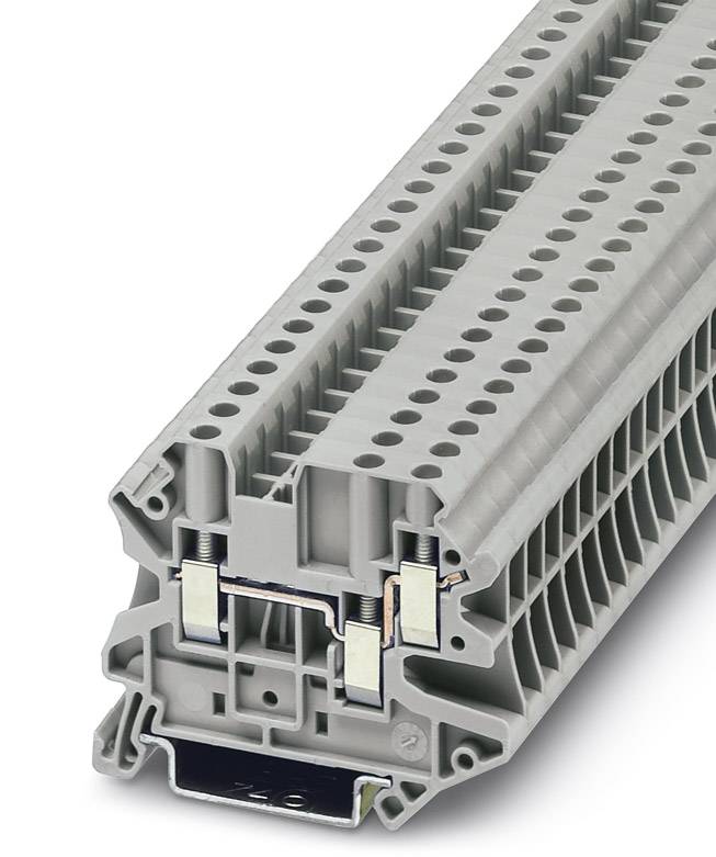 Graue Reihenklemme mit mehreren Anschlussmöglichkeiten, Seitenansicht. Geeignet für industrielle elektrische Anwendungen.