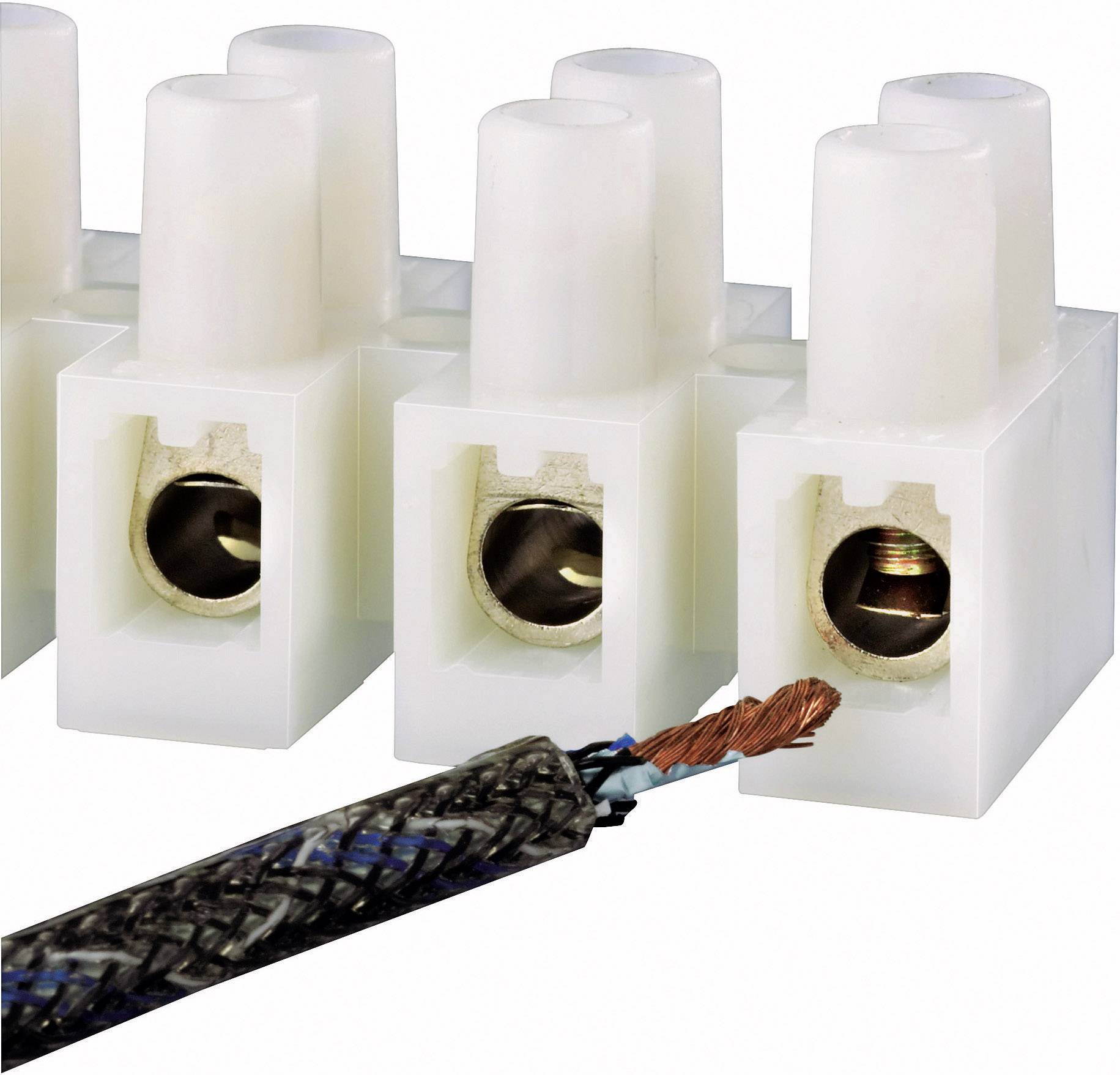 Eine Lüsterklemme aus Kunststoff mit mehreren Anschlüssen. Ein abisoliertes Kabel wird in eine der Buchsen geführt und befestigt.