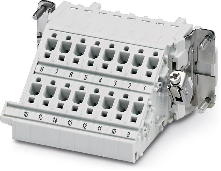 Ein weißer elektrischer Steckverbinder mit nummerierten Anschlüssen von 1 bis 16, montiert auf einer Metallhalterung.