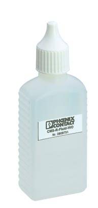 Eine Plastikflasche mit weißem Drehverschluss, etikettiert mit 'Phoenix Contact CMS-R Fluid I/O Nr. 0808751'. Enthält Flüssigkeit zur technischen Verwendung.