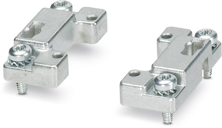 Zwei silberne Metallhalterungen mit Schrauben und Öffnungen, die für die Befestigung von elektronischen Komponenten genutzt werden können.