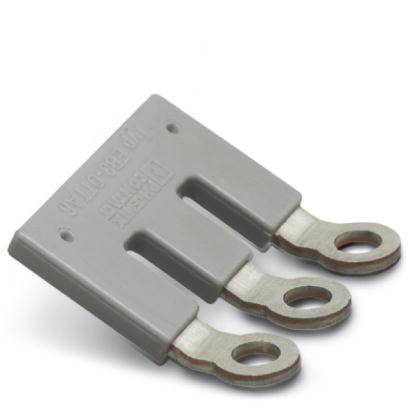 Grauer Dreifachflachstecker mit drei Metallöffnungen am Ende, verwendet zur Verbindung von elektrischen Geräten und Sicherungshalterungen.