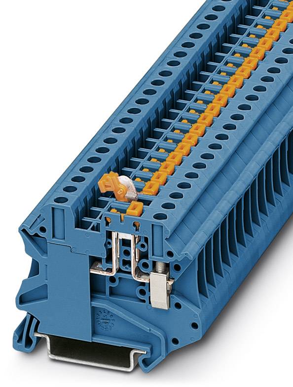 Eine mehrstöckige Reihenklemme in blauer Farbe mit mehreren Anschlussstellen für Leitungen, seitlicher Verriegelungsmechanismus sichtbar.