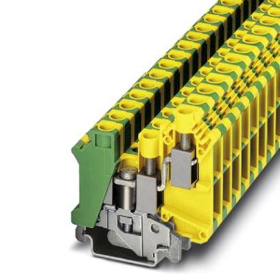 Gelb-grüner Reihenklemmenblock, elektrisch isolierend, mit Schraubverbindungen, verwendet für die sichere Verdrahtung in Schaltschränken.