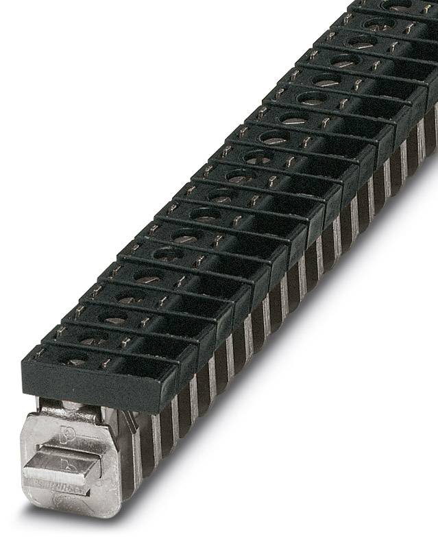 Schwarze Klemmschiene aus Metall mit mehreren Anschlusspunkten für elektrische Verdrahtung, geeignet für industrielle Anwendungen.