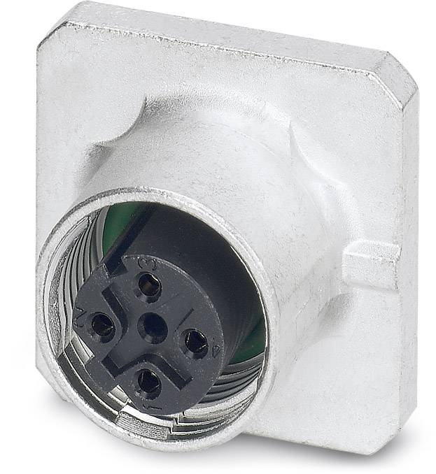 Ein silberfarbener, quadratischer Stecker mit fünf schwarzen Kontakten in der Mitte, geeignet für industrielle Anschlüsse.