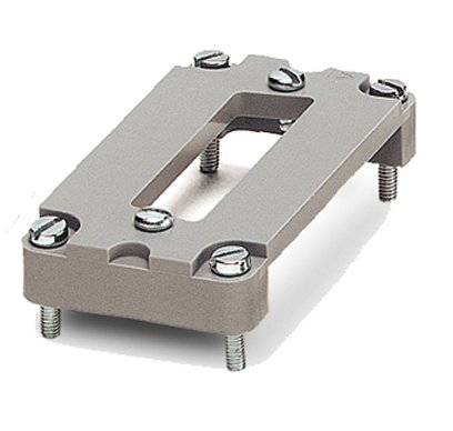 Graue, rechteckige Montageplatte mit sechs Schrauben, die in verschiedenen Löchern eingesetzt sind, verwendet zur Sicherung von Bauteilen.