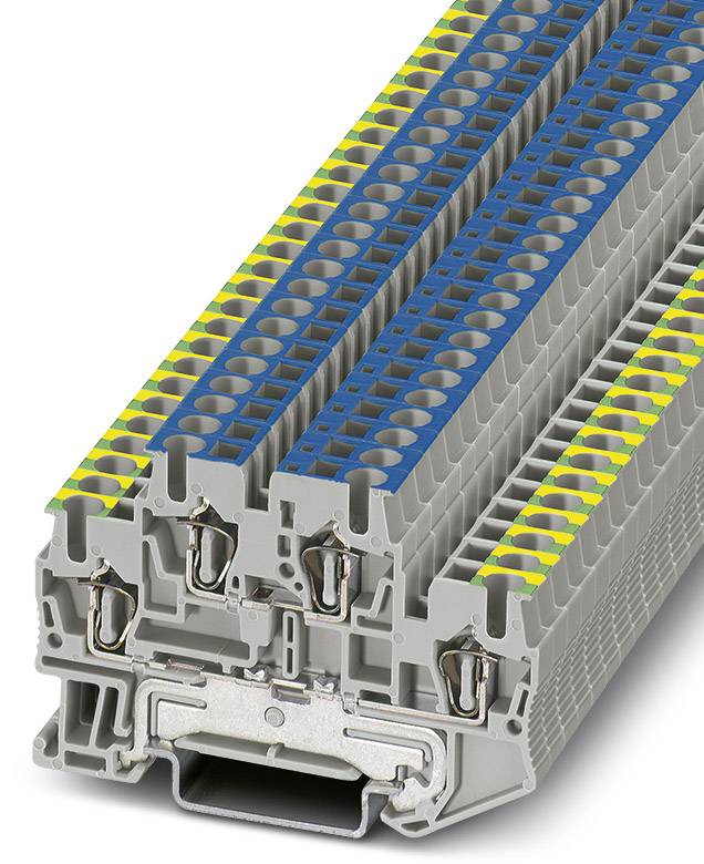 Mehrstöckige elektrische Klemmenleisten in grauer Farbe, mit blauen und gelben Markierungen, für industrielle Elektroinstallationen.