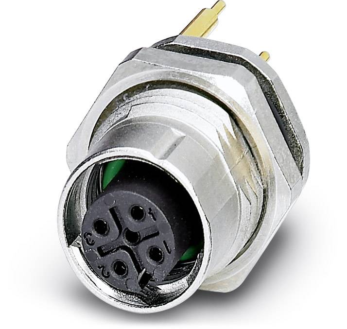 Ein runder, metallischer Steckverbinder mit drei goldenen Stiften und schwarzem Innenteil, bereit für elektrische Anschlüsse.