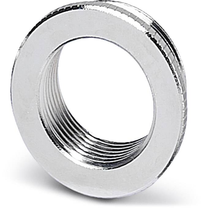 Metallische Unterlegscheibe mit Gewinde, glänzend, kreisförmig, vor weißem Hintergrund.