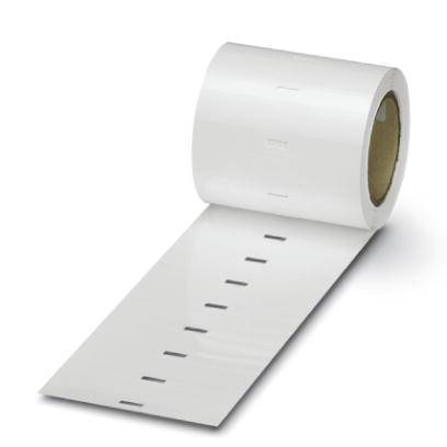Eine Rolle weißes Etikettenpapier, teilweise entrollt, mit gleichmäßig verteilten schwarzen Markierungen.