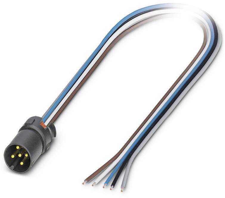 Sechspoliger Stecker mit freien Kabelenden in verschiedenen Farben: schwarz, rot, braun, blau und weiß. Verwendet für Elektroanschlüsse.