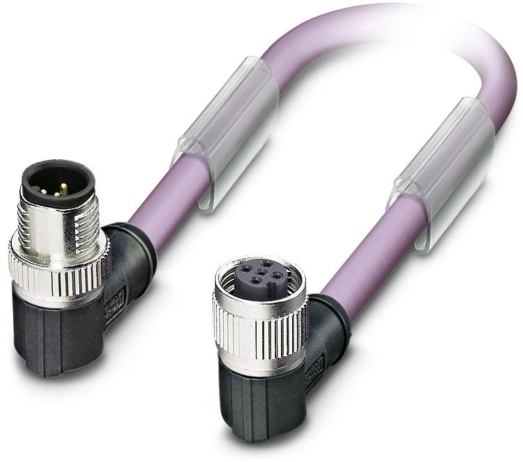 Lila M12-Kabel, gewinkelt, mit Metallanschlüssen, ideal für industrielle Anwendungen oder Verbindung von Geräten.