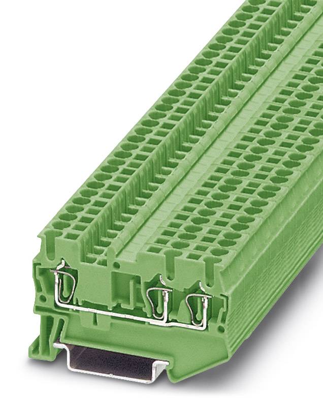 Ein grüner, modularer elektrischer Steckverbinder mit mehreren Anschlussklemmen, geeignet für die Montage auf DIN-Schienen.